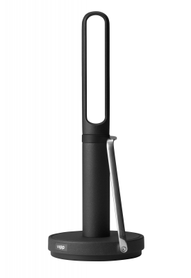 Schwarzer Vipp Küchenrollenhalter aus Stahl und Gummi mit Abreißarm für die Küche.